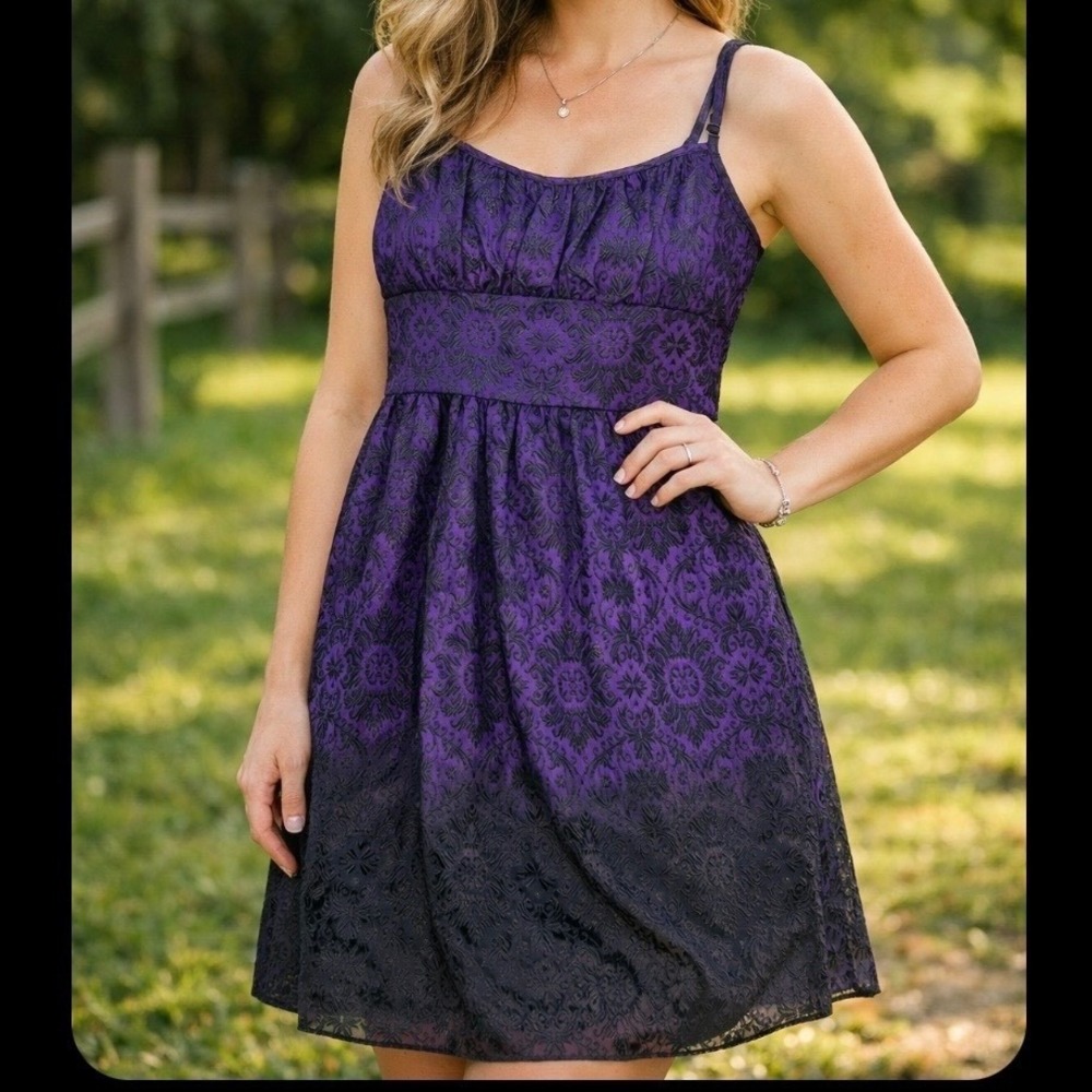 Molly New York Purple Black Ombre Damask Brocade Mini‎ Dress Metallic Size 6